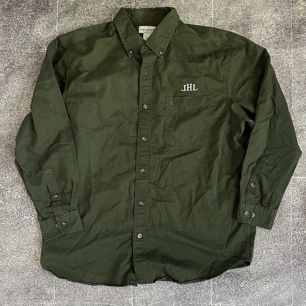Men's Carhartt Hines Forest Green Long Sleeve Button Up Solid Work Shirt Sz XL